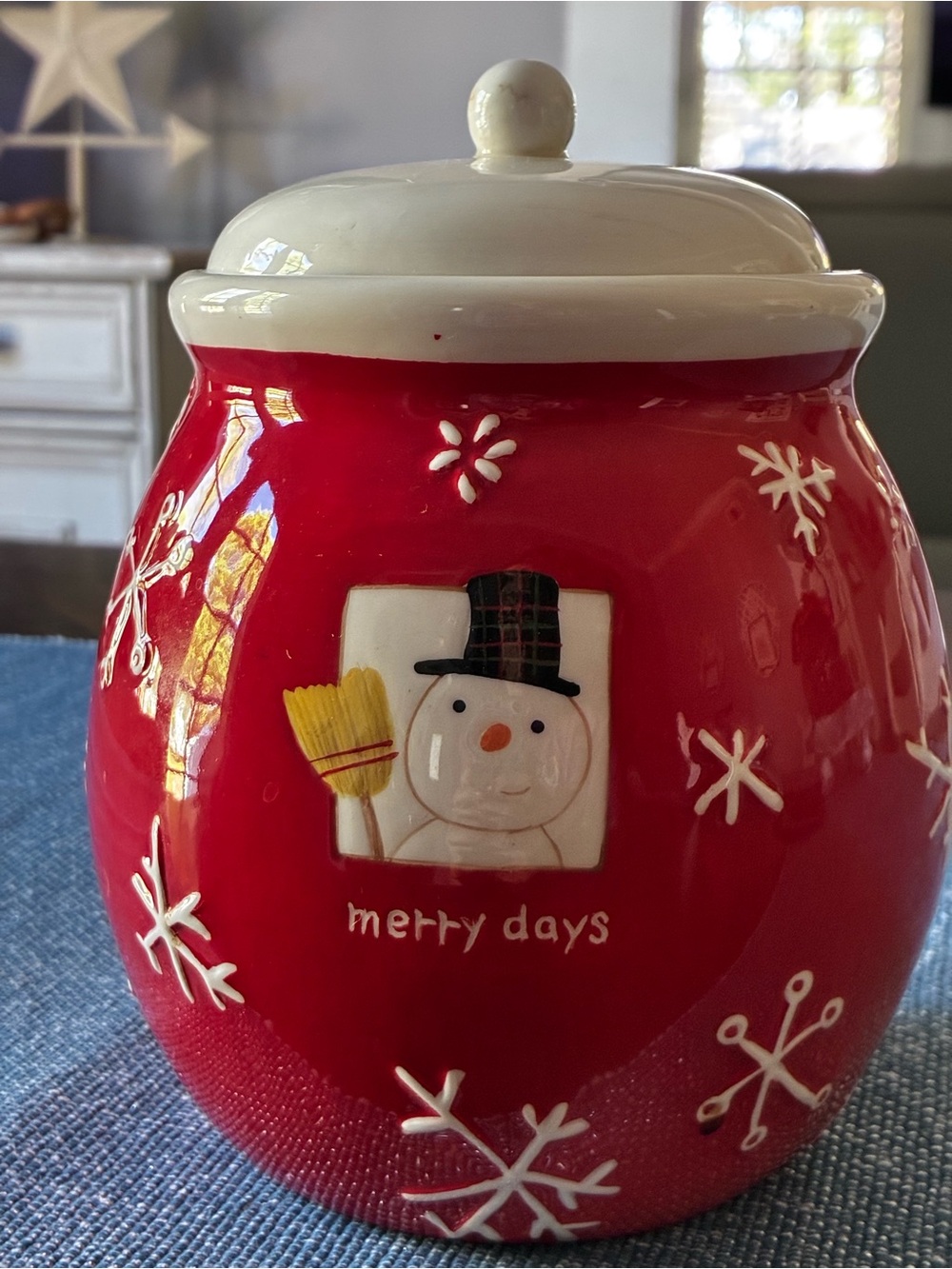 Hallmark Holiday Snowman Ceramic Cookie Jar - Red and White
